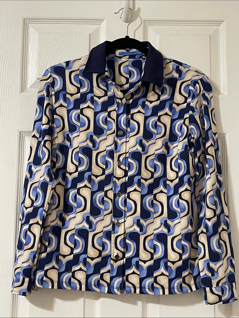 J. McLaughlin Curved Wave Print Skirt in Cream, Navy & Light Blue